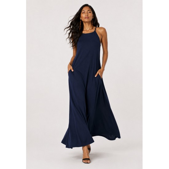 Vestido Longo Anambé Viscose com Bolsos Azul Marinho