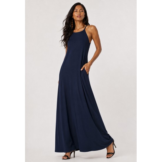 Vestido Longo Anambé Viscose com Bolsos Azul Marinho