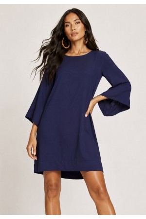 Vestido Curto Viscose Balli Manga Ampla Azul Marinho
