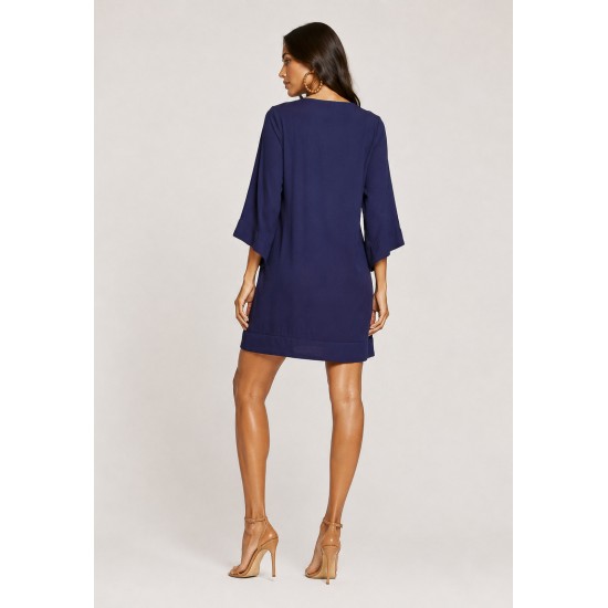 Vestido Curto Viscose Balli Manga Ampla Azul Marinho