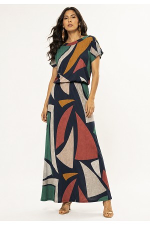 Vestido Longo Morcego Malha Estampa Geometrias do Tempo