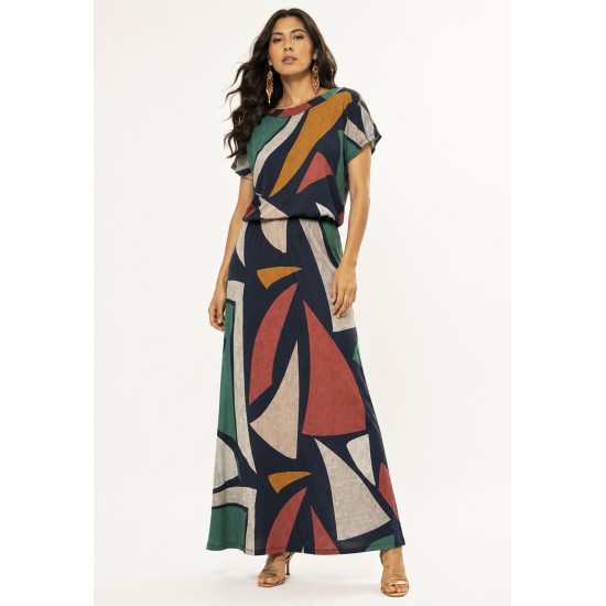 Vestido Longo Morcego Malha Estampa Geometrias do Tempo