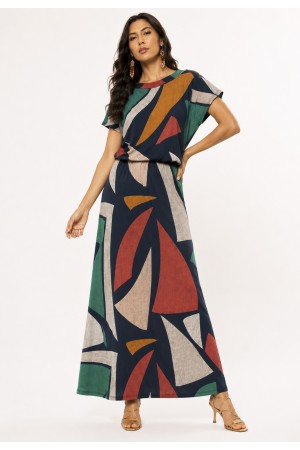 Vestido Longo Morcego Malha Estampa Geometrias do Tempo