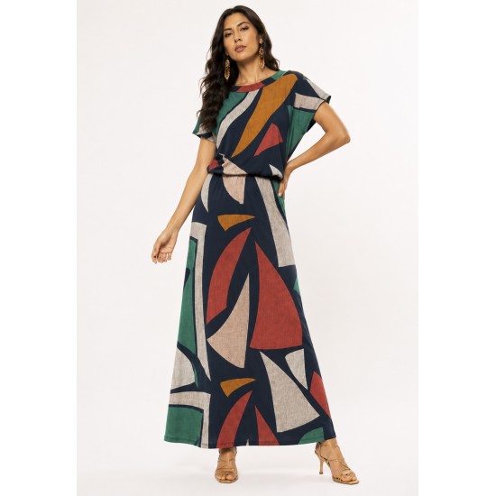 Vestido Longo Morcego Malha Estampa Geometrias do Tempo