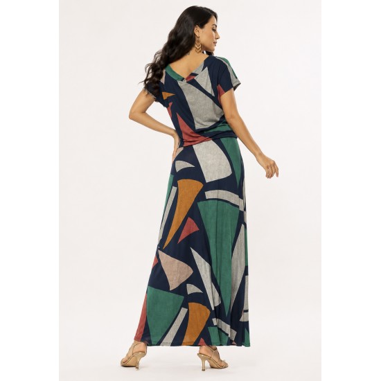 Vestido Longo Morcego Malha Estampa Geometrias do Tempo