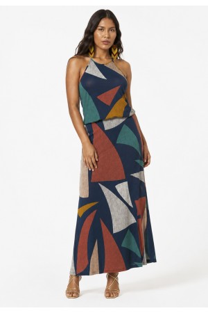 Vestido Longo Malha Trapézio com Elástico na Cintura Geometrias do Tempo