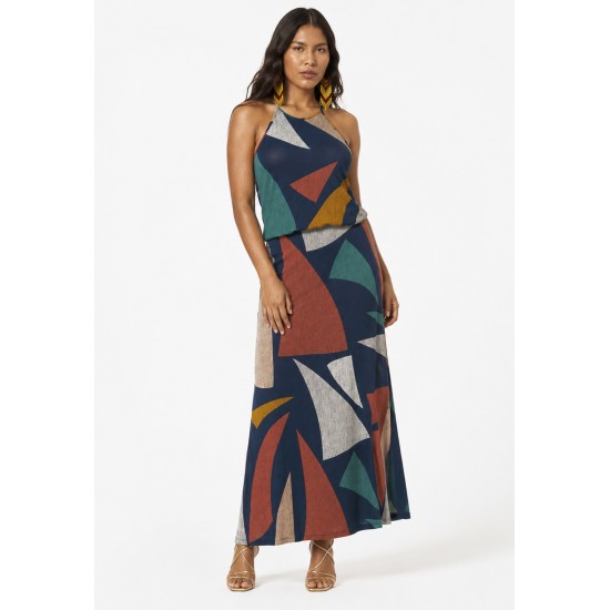 Vestido Longo Malha Trapézio com Elástico na Cintura Geometrias do Tempo