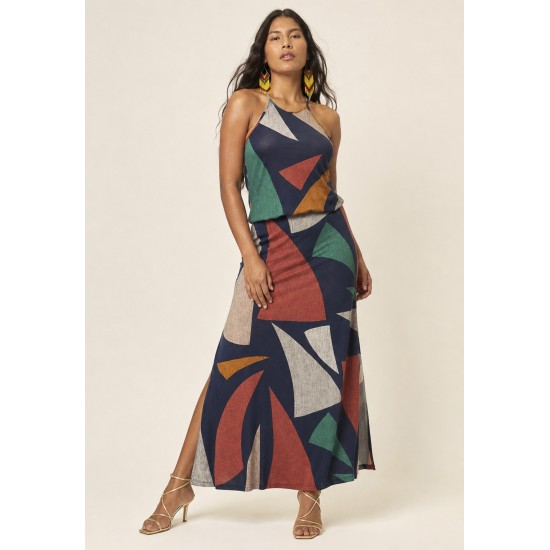 Vestido Longo Malha Trapézio com Elástico na Cintura Geometrias do Tempo