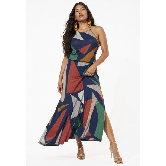 Vestido Longo Malha Trapézio com Elástico na Cintura Geometrias do Tempo