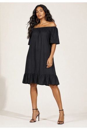 Vestido Curto Mullet Ombro a Ombro Amplo Preto