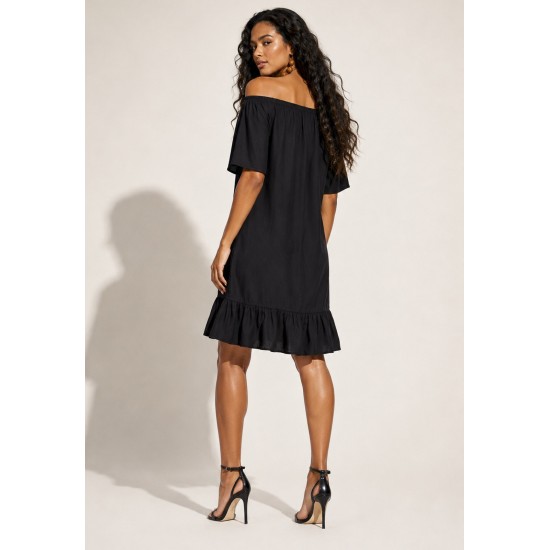 Vestido Curto Mullet Ombro a Ombro Amplo Preto