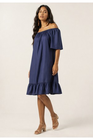 Vestido Curto Mullet Ombro a Ombro Amplo Azul Marinho