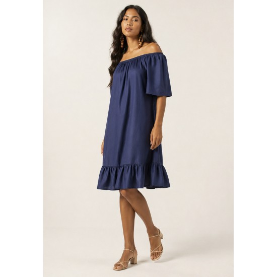 Vestido Curto Mullet Ombro a Ombro Amplo Azul Marinho