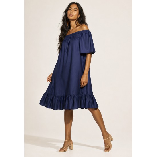 Vestido Curto Mullet Ombro a Ombro Amplo Azul Marinho