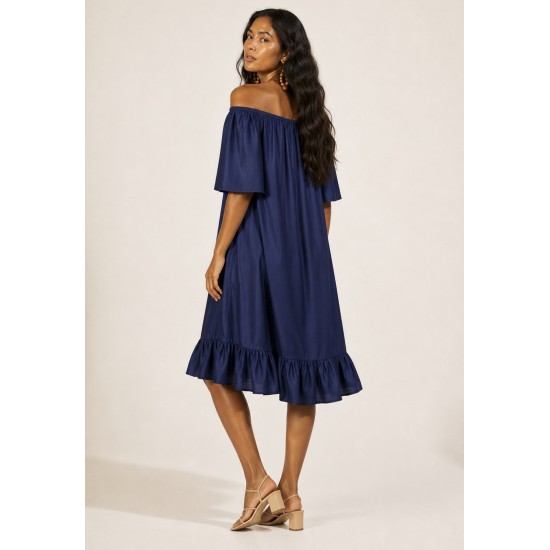 Vestido Curto Mullet Ombro a Ombro Amplo Azul Marinho