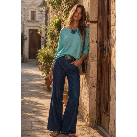 Calça Pantalona com Elástico e Botão Jeans
