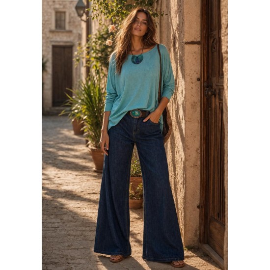 Calça Pantalona com Elástico e Botão Jeans