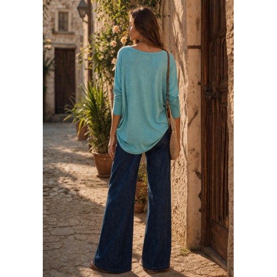Calça Pantalona com Elástico e Botão Jeans