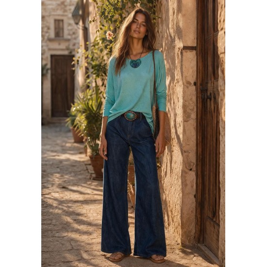 Calça Pantalona com Elástico e Botão Jeans