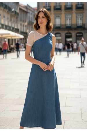  Vestido Jeans Longo com one-shoulder Azul