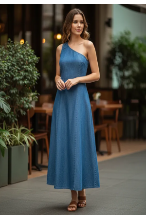  Vestido Jeans Longo com one-shoulder Azul
