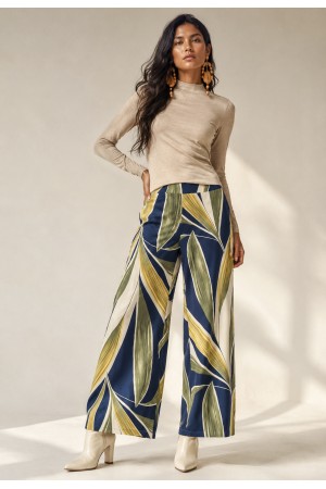 Calça Pantalona Granja Malha Estampa Selva Azul