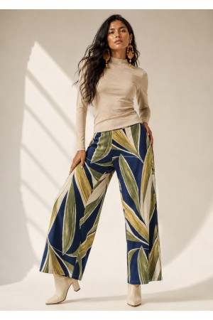 Calça Pantalona Granja Malha Estampa Selva Azul