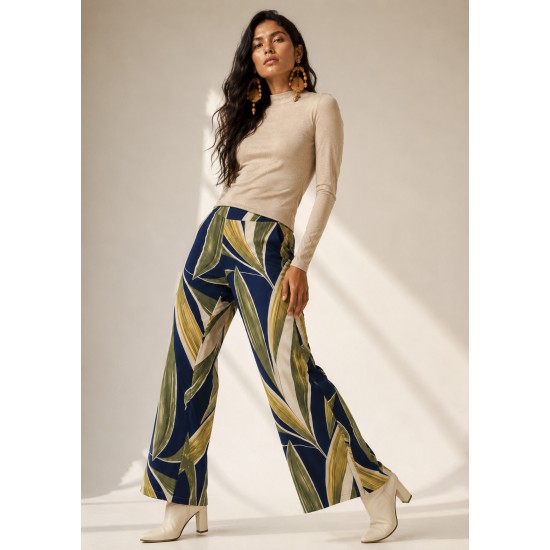Calça Pantalona Granja Malha Estampa Selva Azul