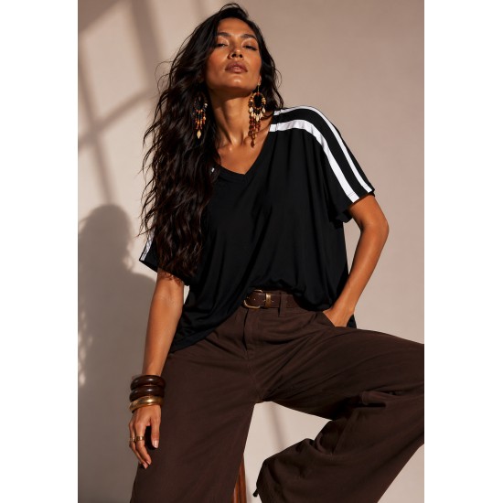 Blusa Essence Malha Gola V Manga Curta Preta