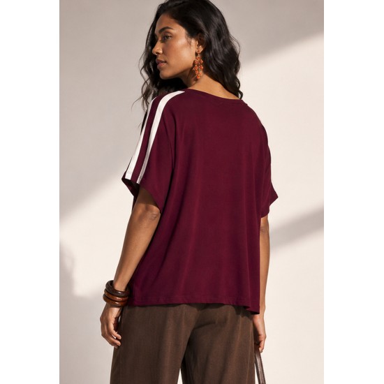 Blusa Essence Malha Gola V Manga Curta Bordô