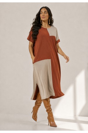 Vestido Terra Serena Midi Plus Terracota e Areia Mineral