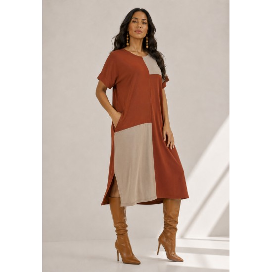 Vestido Terra Serena Midi Plus Terracota e Areia Mineral
