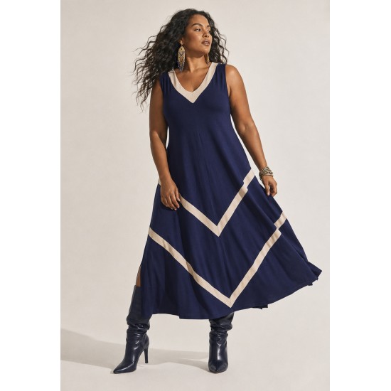Vestido Serena Regata Malha Midi Plus Azul e Ocre