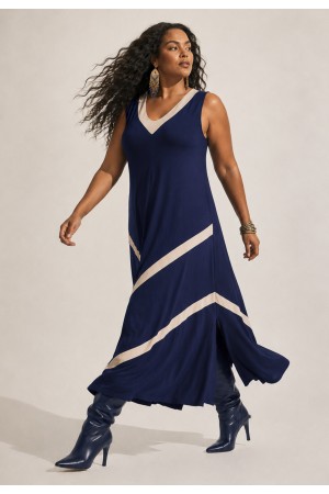 Vestido Serena Regata Malha Midi Plus Azul e Ocre