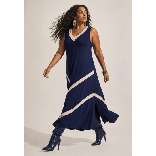 Vestido Serena Regata Malha Midi Plus Azul e Ocre