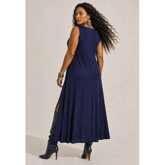 Vestido Serena Regata Malha Midi Plus Azul e Ocre