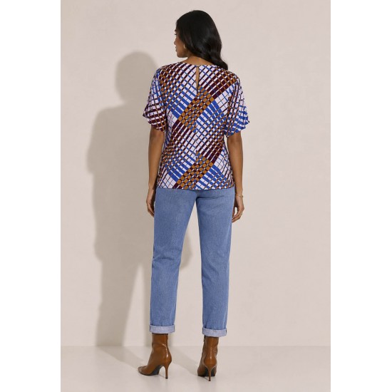 Blusa Gola V Manga Ampla Curta Estampa Geométrica