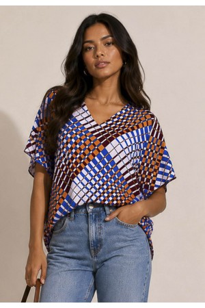 Blusa Gola V Manga Ampla Curta Estampa Geométrica