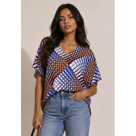 Blusa Gola V Manga Ampla Curta Estampa Geométrica