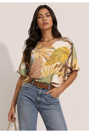 Blusa Gola V Manga Ampla Curta Estampa Aurora Suave
