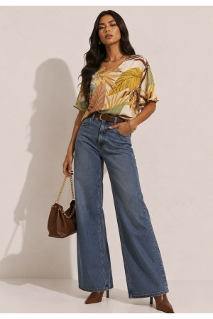 Blusa Gola V Manga Ampla Curta Estampa Aurora Suave