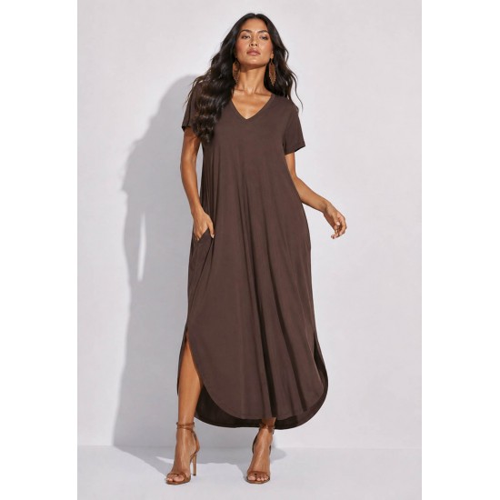 Vestido Midi Abapã Malha com Bolso Marrom