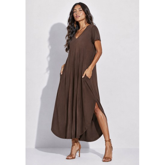 Vestido Midi Abapã Malha com Bolso Marrom