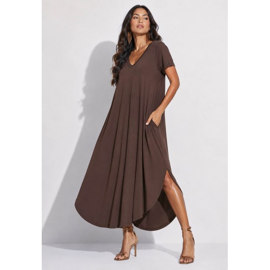 Vestido Midi Abapã Malha com Bolso Marrom