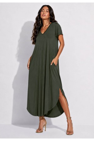 Vestido Midi Abapã Malha com Bolso Verde Jade