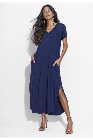 Vestido Midi Abapã Malha com Bolso Azul Marinho