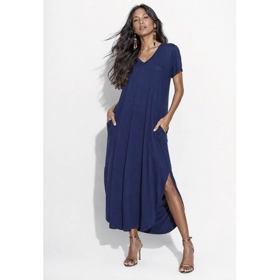 Vestido Midi Abapã Malha com Bolso Azul Marinho