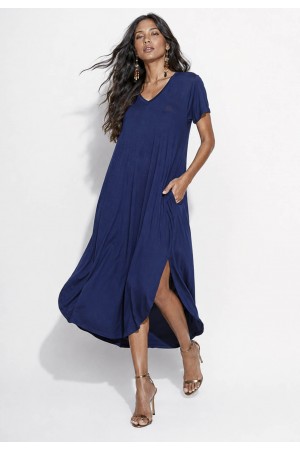 Vestido Midi Abapã Malha com Bolso Azul Marinho