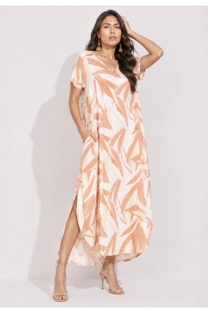 Vestido Midi Abapã Malha com Bolso Estampa Verde Selvagem Laranja