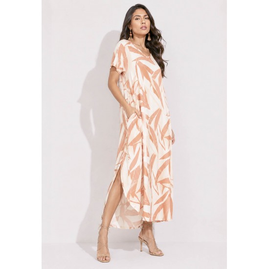 Vestido Midi Abapã Malha com Bolso Estampa Verde Selvagem Laranja
